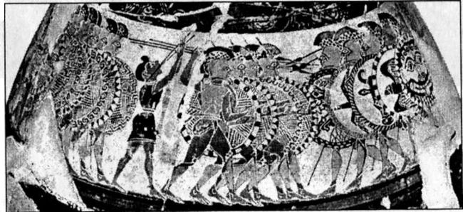 Столкновение двух фаланг, оспись протокоринфской вазы из коллекции Киджи. 640—630 гг. до н.э.