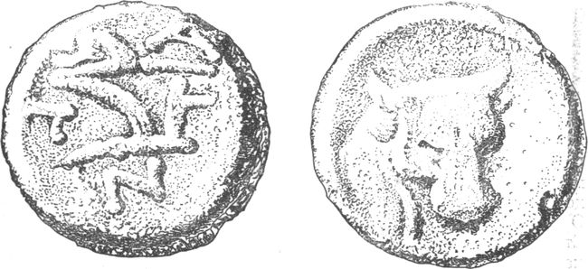 Пантикапейская монета с изображением на одной стороне плуга и на другой — головы быка