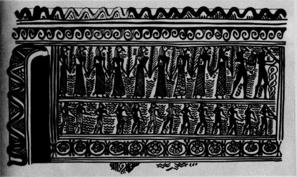Изображение на кувшине (ή υδρία). Конец VIII в. до н. э. (Антикенмузеум. Берлин). Шествие женщин с пальмовыми ветками возглавляют авлет и исполнитель на форминге. 