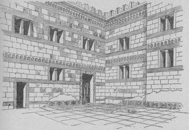 Микенский дворец (реконструкция). Вид из северо-западного угла внутреннего двора. Двор 15 X 20 м. Пол вымощен мозаичными плитками.