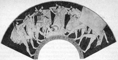 Аякс и Одиссей спорят за оружие Ахилла, между ними стоит Агамемнон, воины за руки удерживают Аякса и Одиссея. (Рисунок на вазе.)