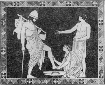 Служанка Эвриклея омывает ноги Одиссею. (Рисунок на вазе.)