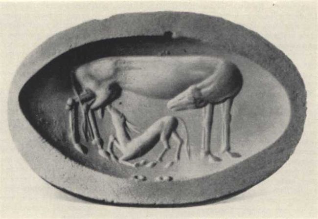 Печать с изображением лани, кормящей детеныша. Ок. 1500 г. до н. э.